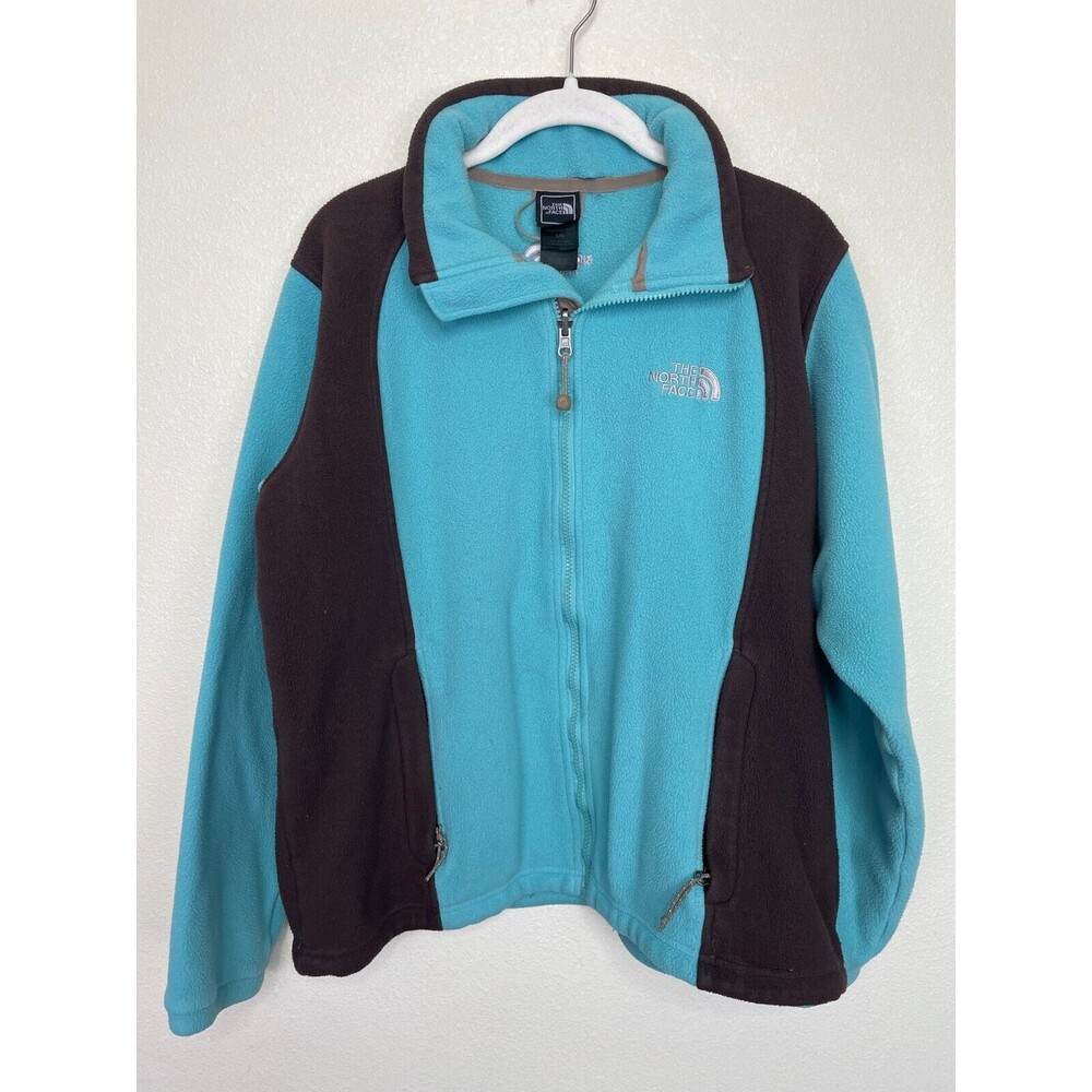 The North Face Large Fleece Jacket Teal Blue Brown Full Zip Long Sleeve